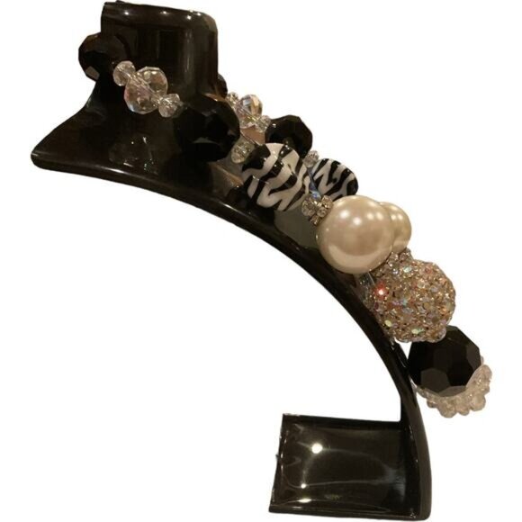 Chunky Beaded Necklace With Black & White Zebra Pattern & Rhinestones - Picture 3 of 5